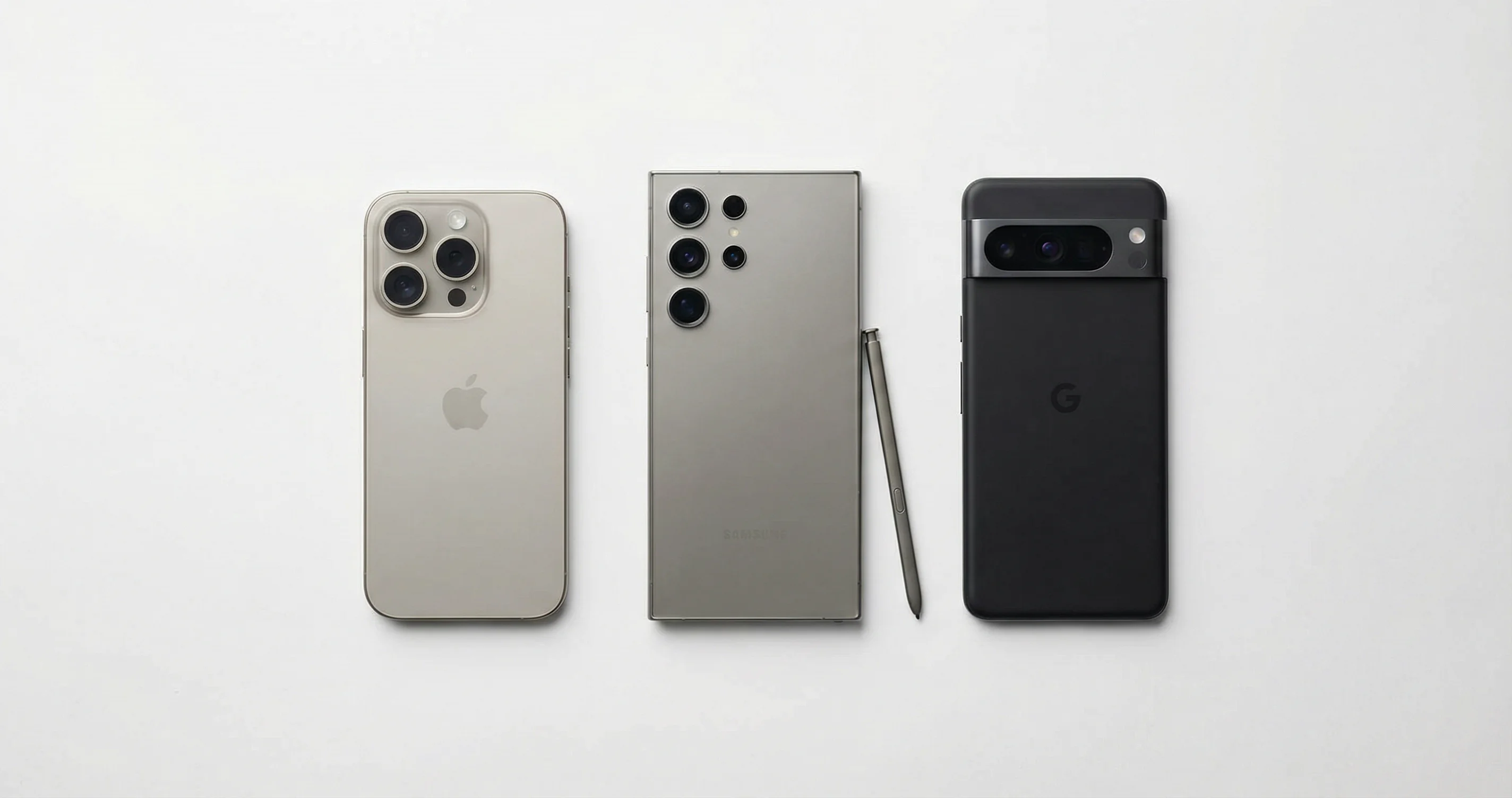 iPhone, Samsung Galaxy, and Google Pixel flagship phones on clean surface
