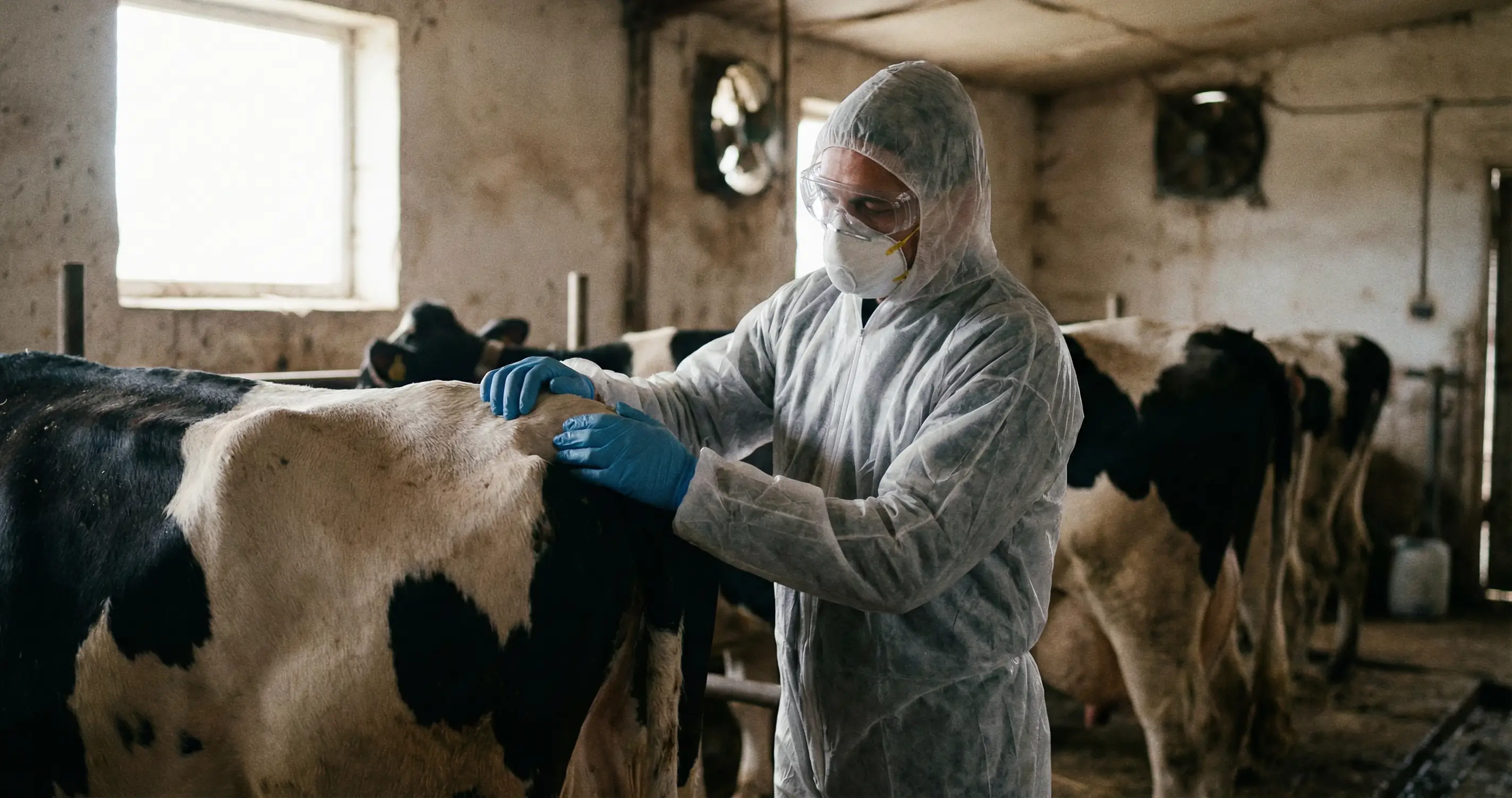 Veterinarian in protective gear examining dairy cow in barn