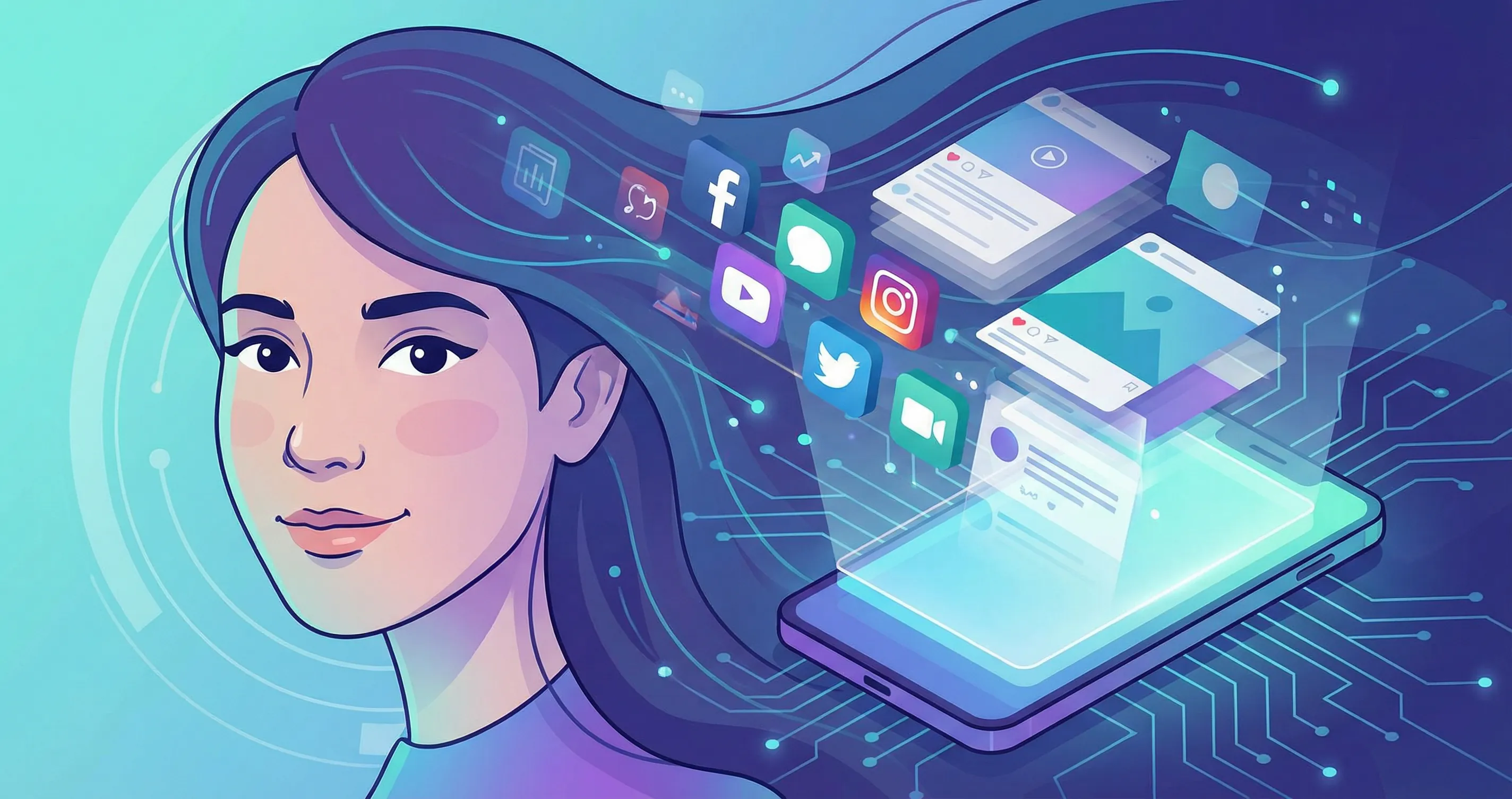 Stylized AI caricature portrait with digital and social media elements, editorial tech style