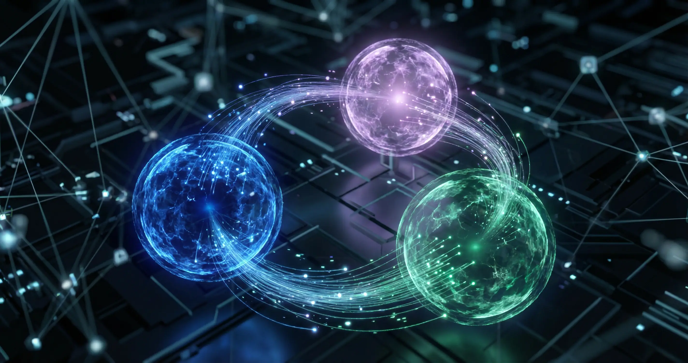 Abstract AI assistant concept with connected glowing nodes in blue purple and green