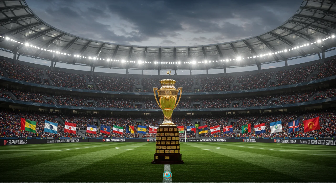 Copa America 2026 tournament stadium with flags and trophy