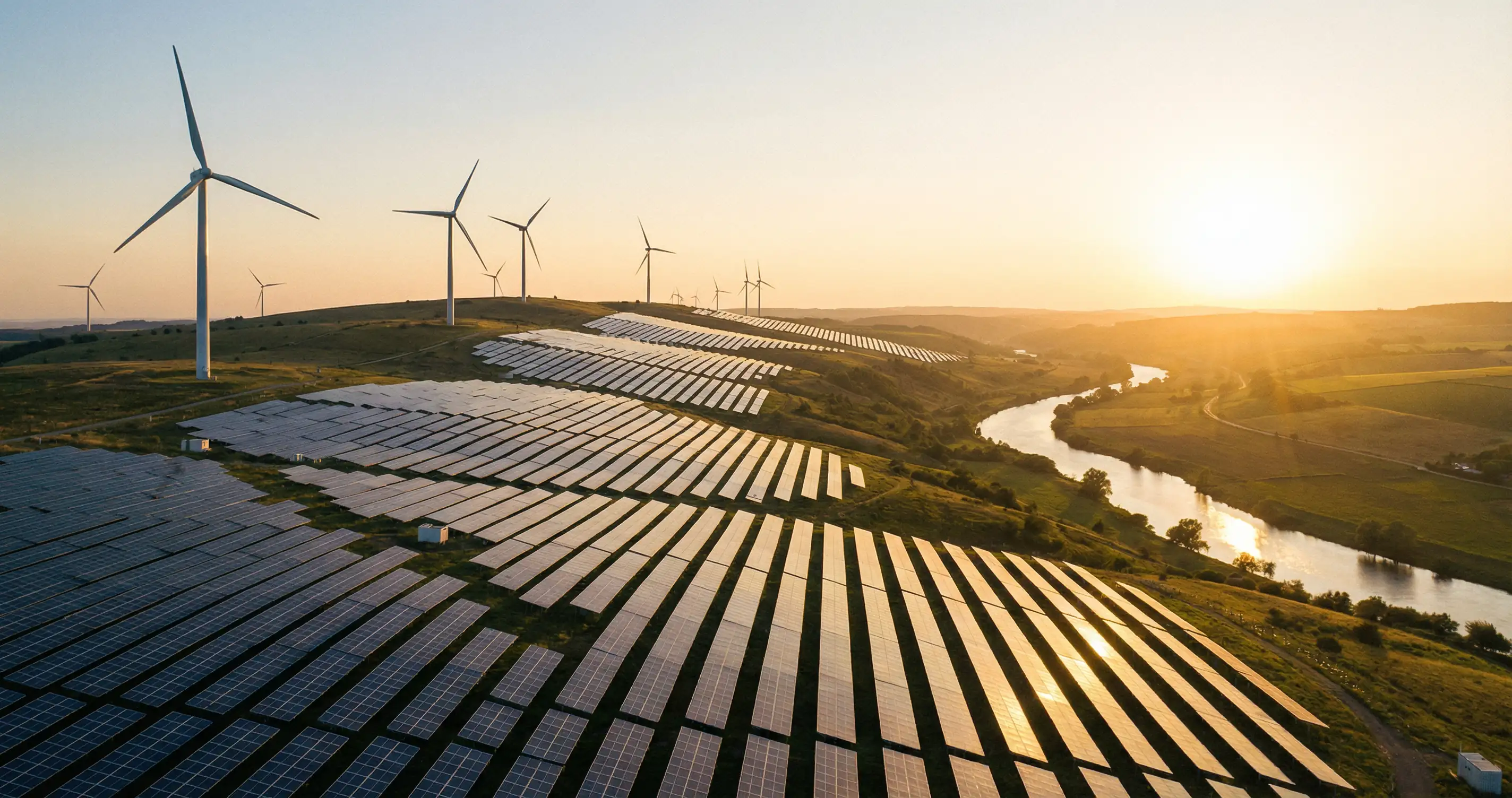 Solar panels and wind turbines in a clean energy landscape at golden hour