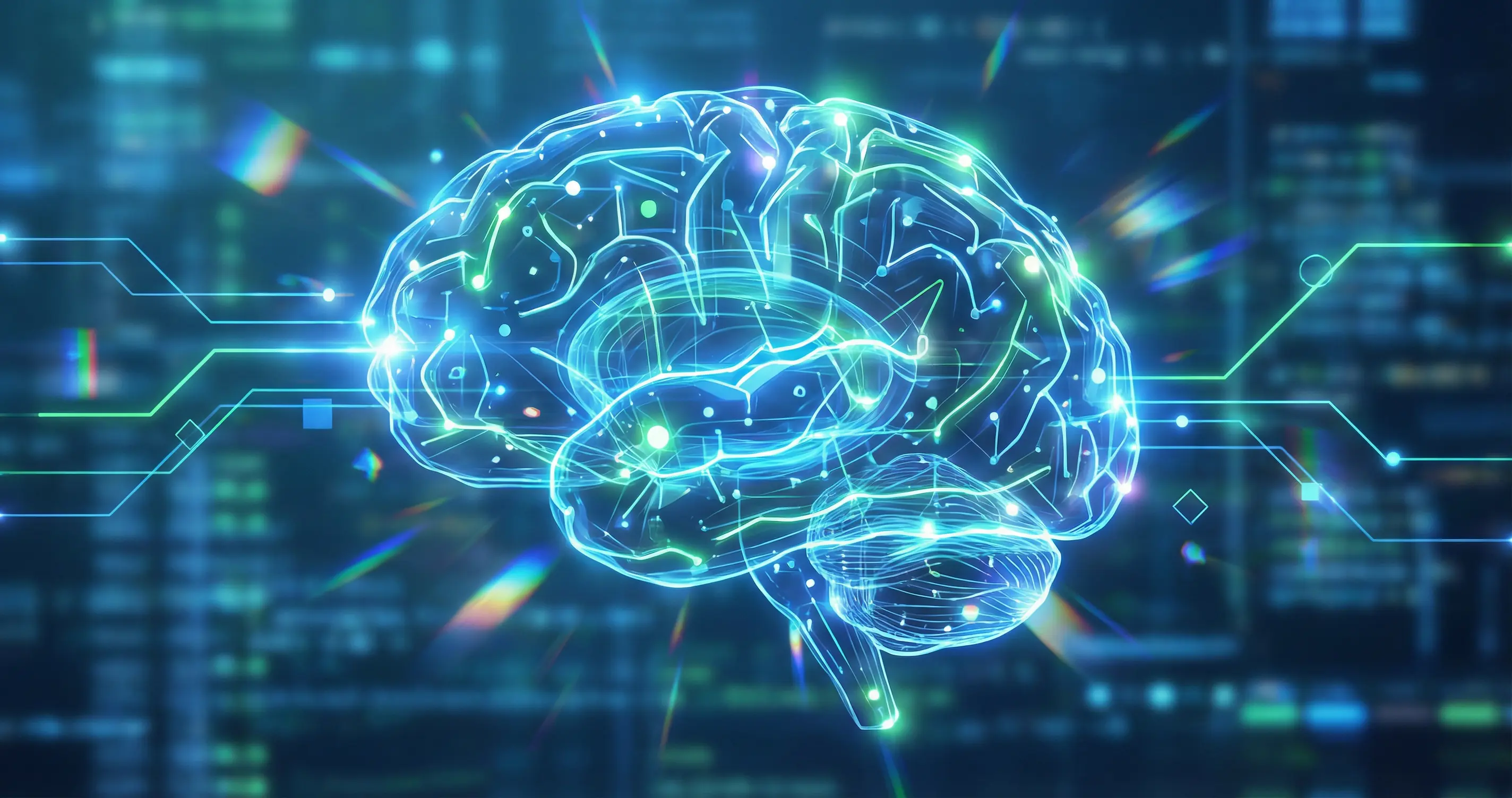 Abstract AI and neural network visualization in blue and green