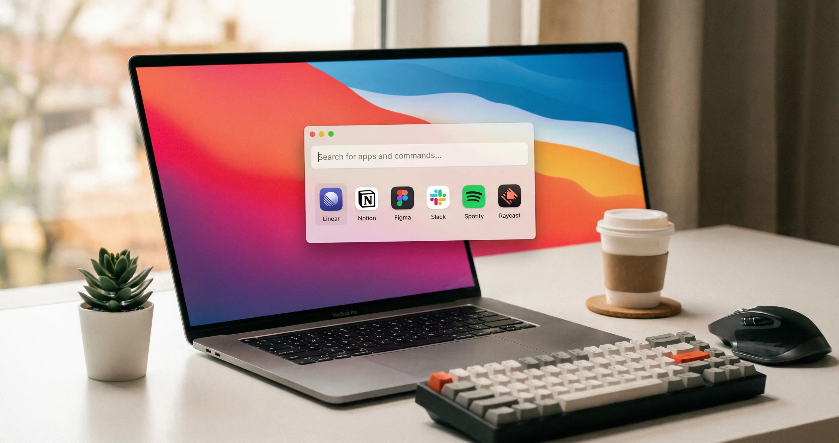 Raycast launcher search bar and app icons on a desktop screen