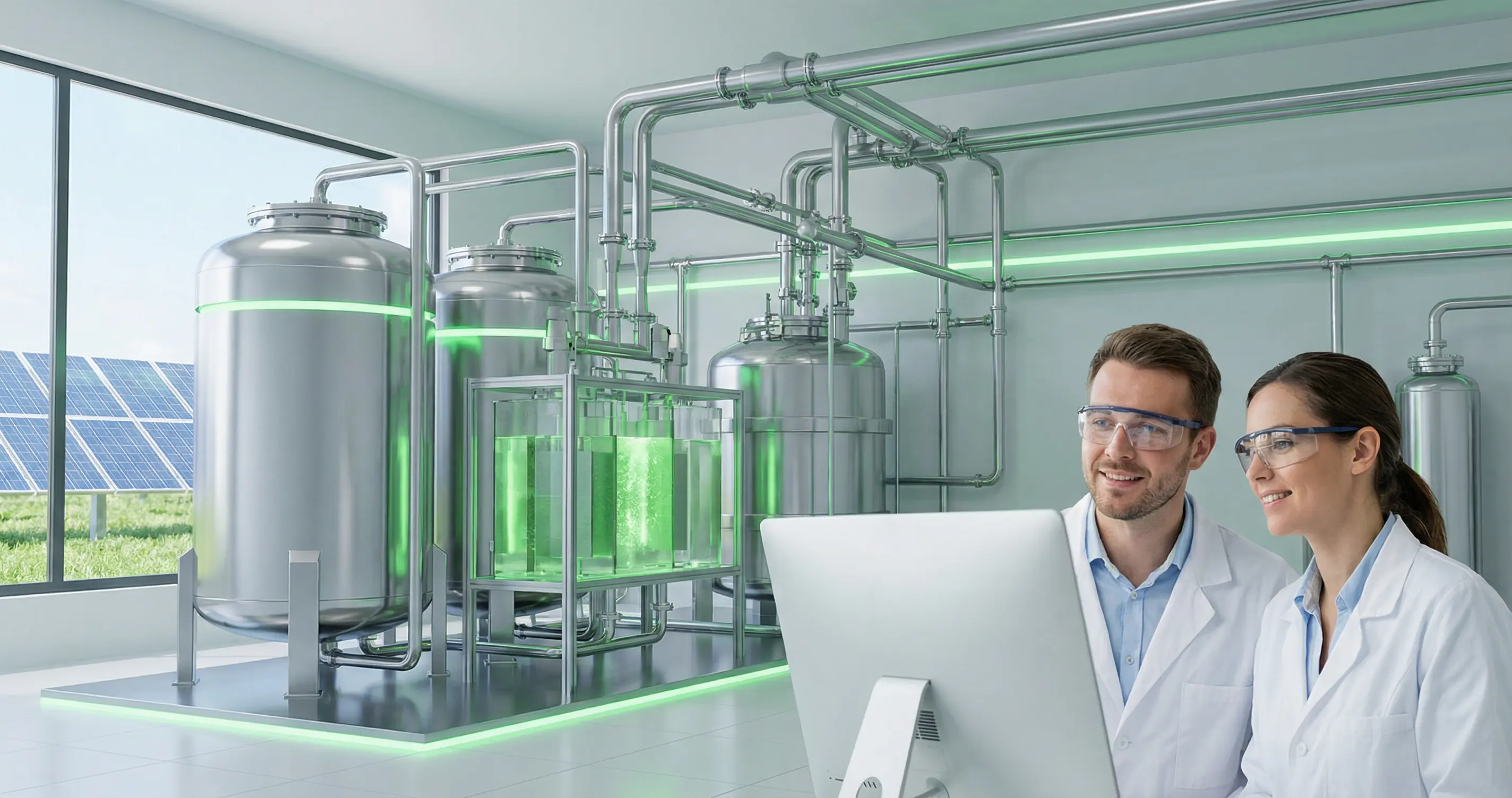 Industrial hydrogen production equipment with clean energy aesthetic