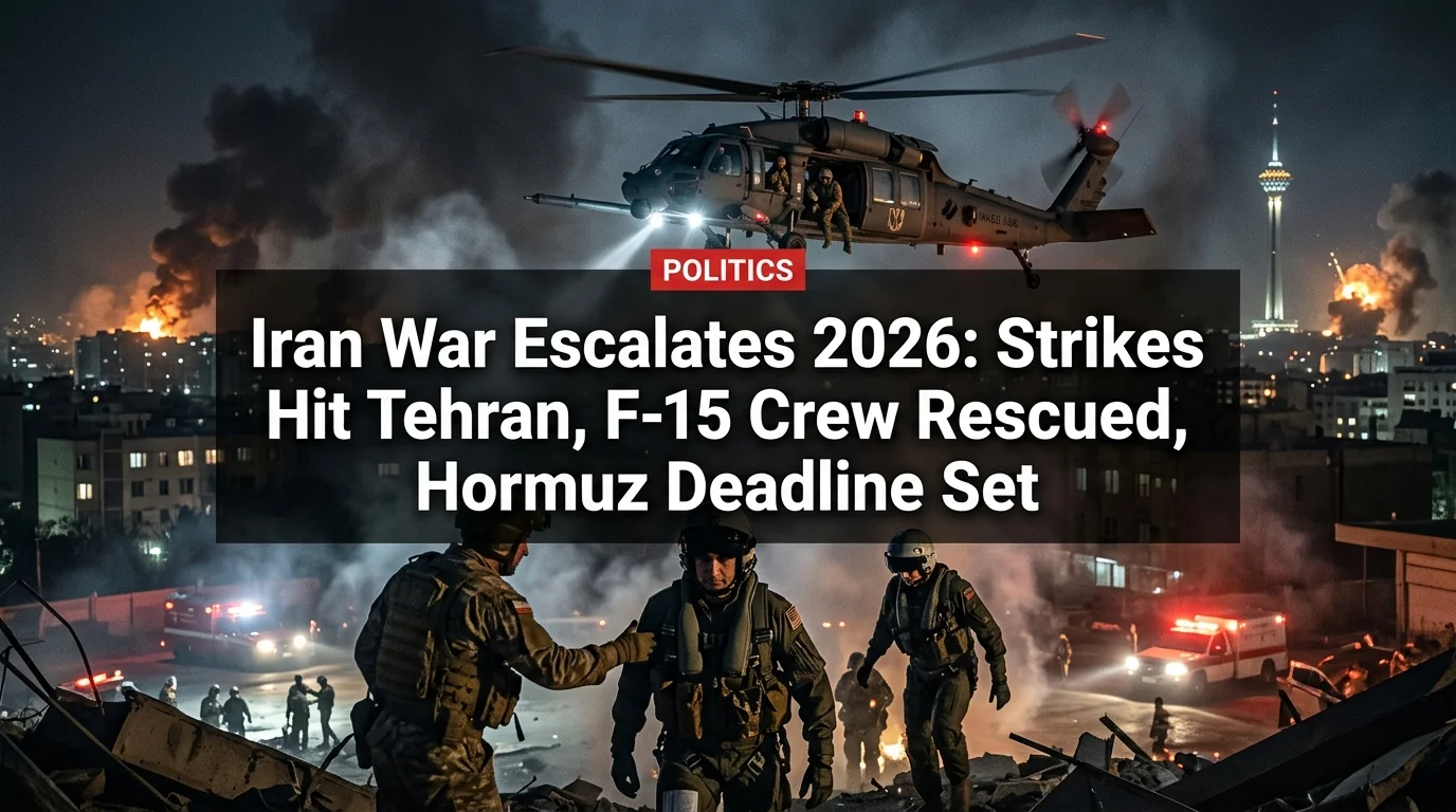 Iran War Escalates 2026: Strikes Hit Tehran, F-15 Crew Rescued, Hormuz Deadline Set