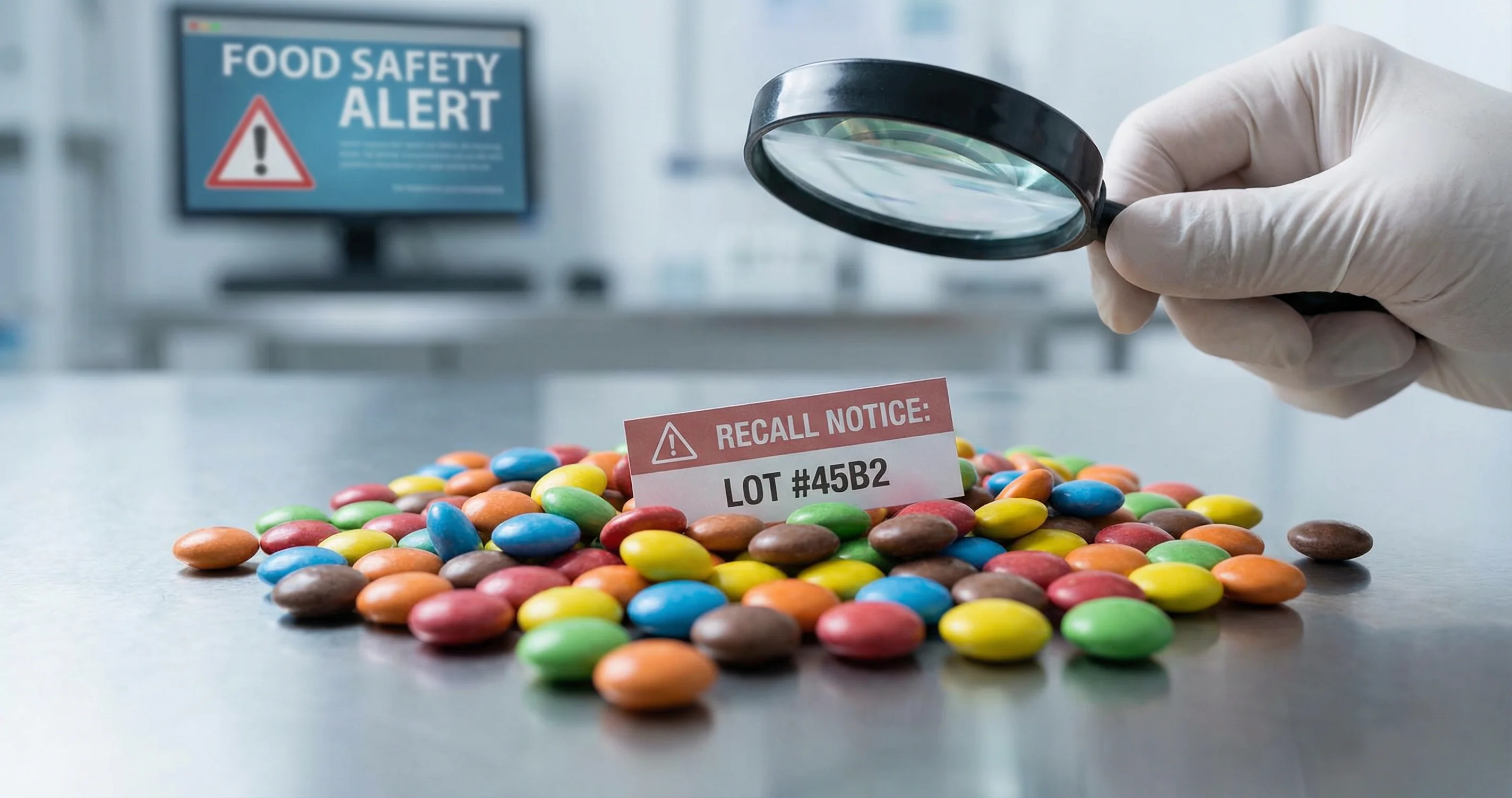 Food safety and allergen recall concept, candy and warning label, editorial