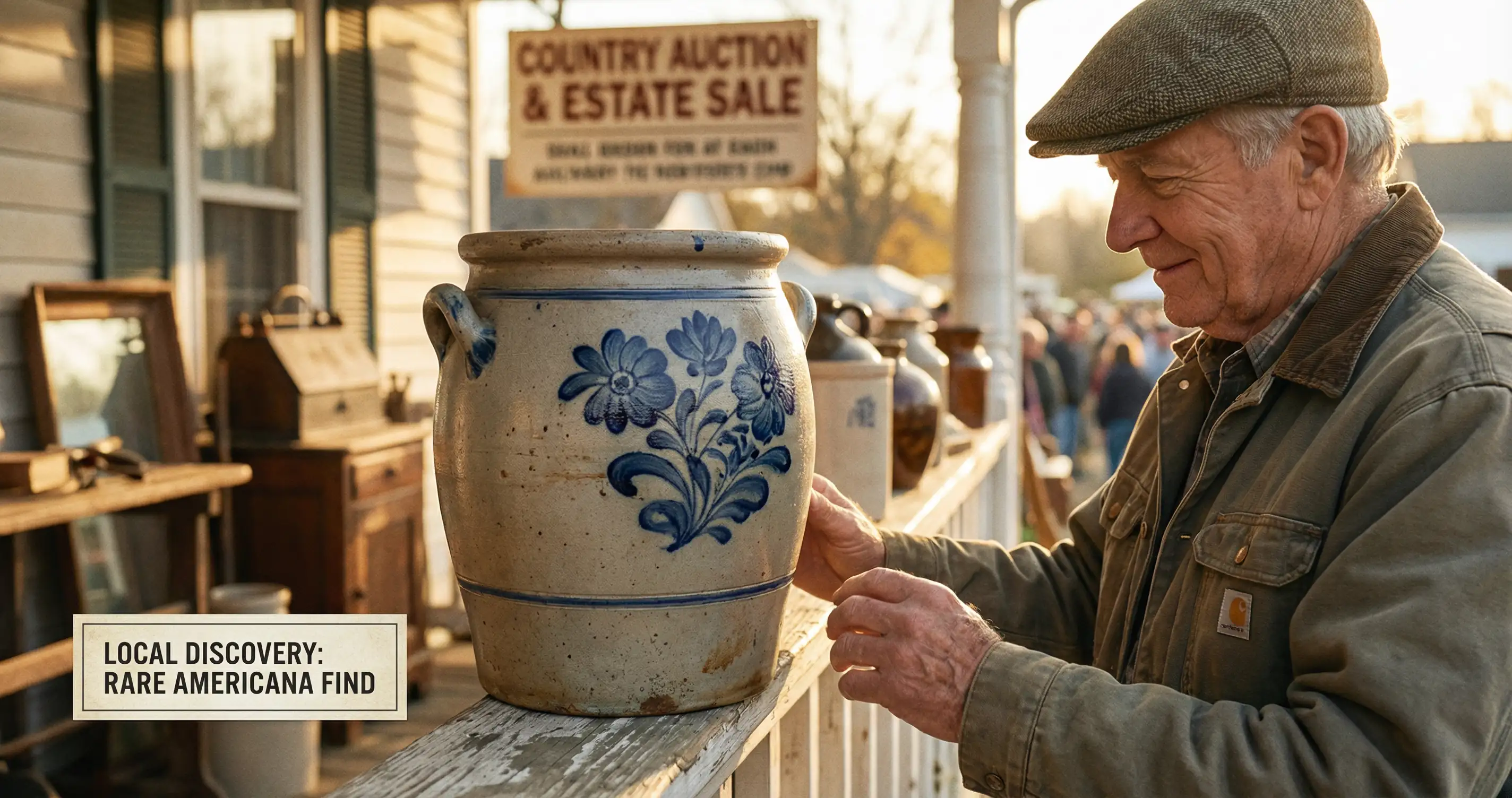 Vintage stoneware crock or jug, warm lighting, antique Americana style