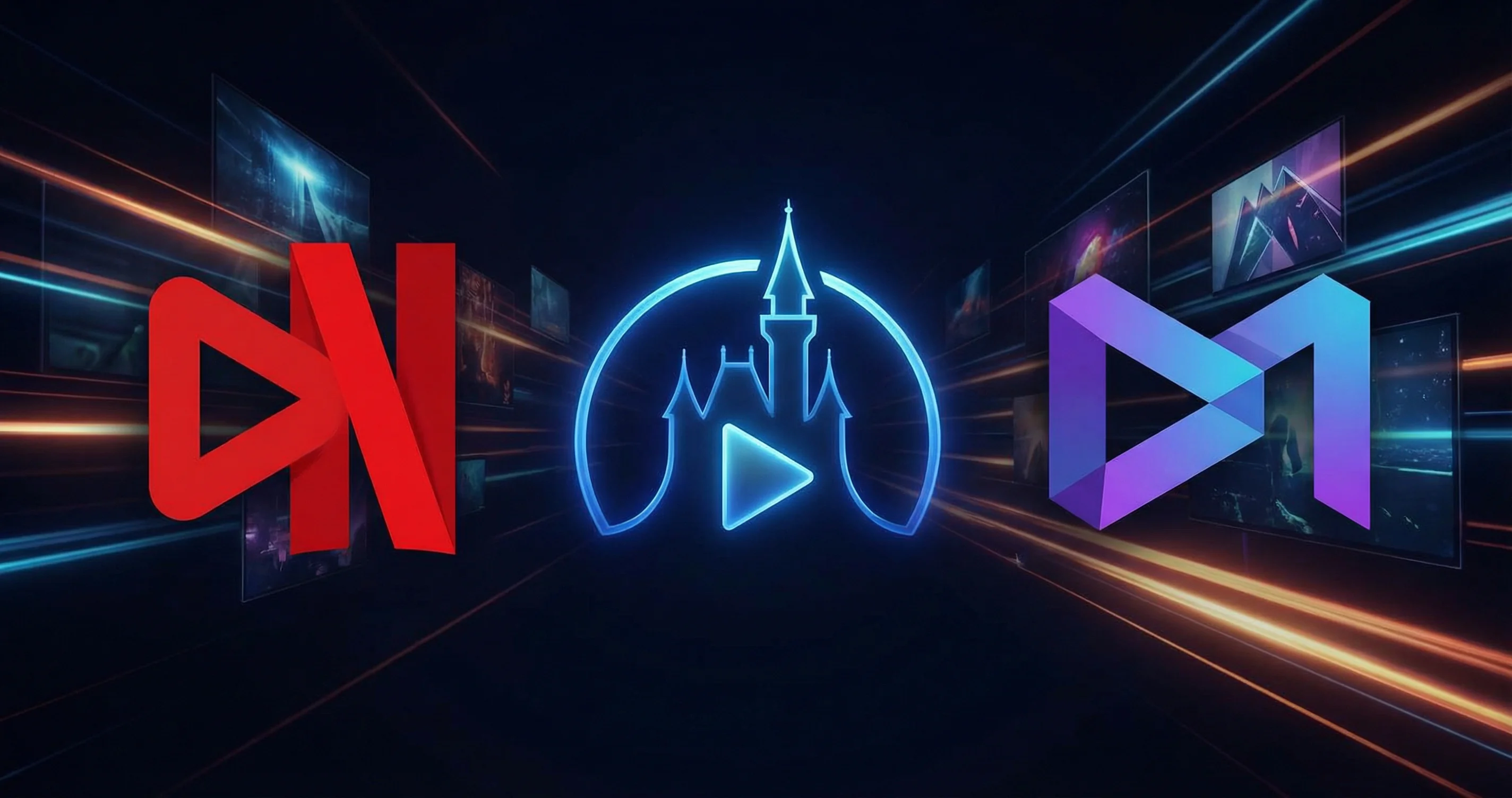 Streaming platforms Netflix, Disney+, and Max represented on cinematic dark background