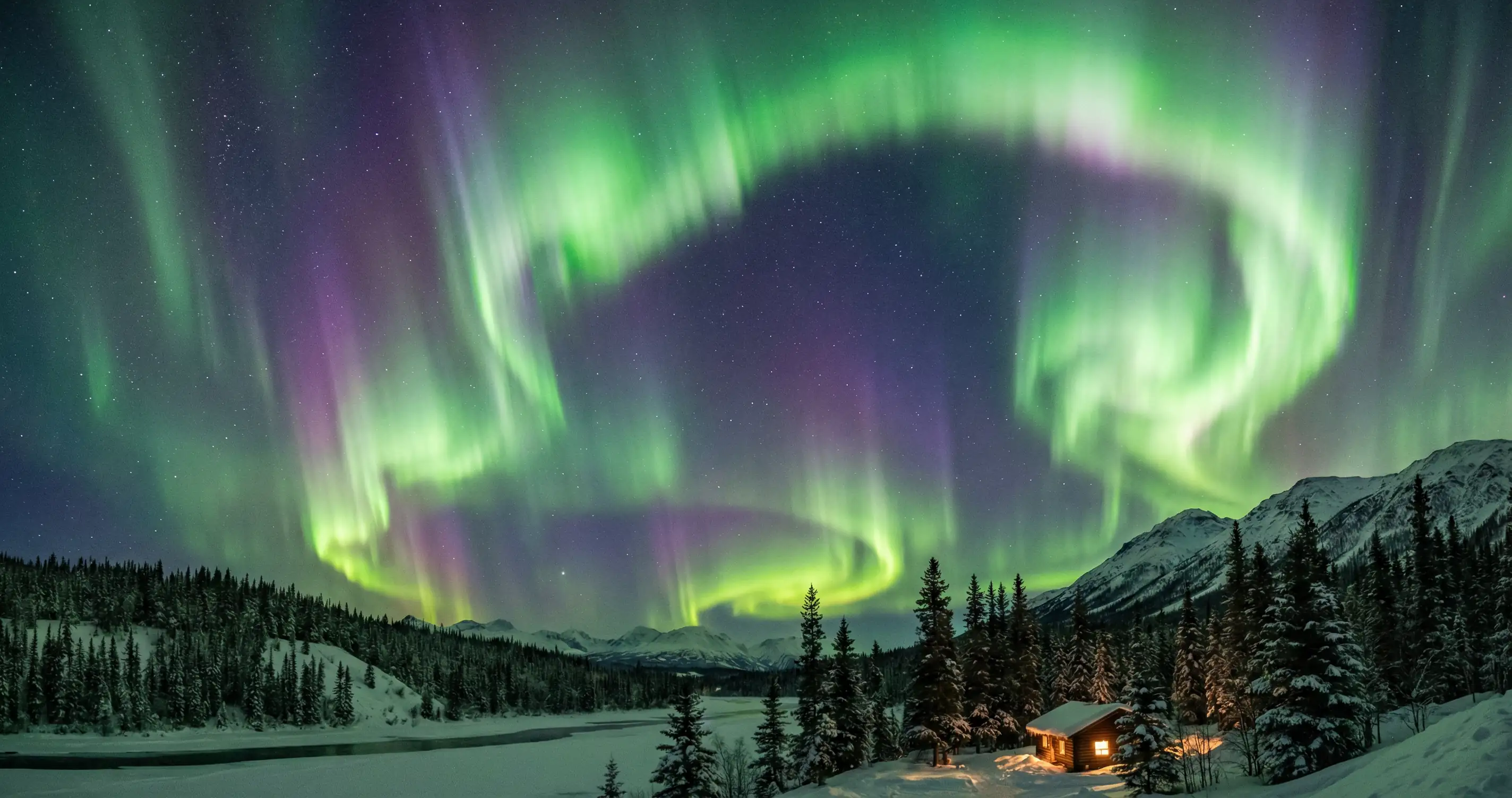 Northern lights aurora borealis over snowy landscape with green and purple curtains