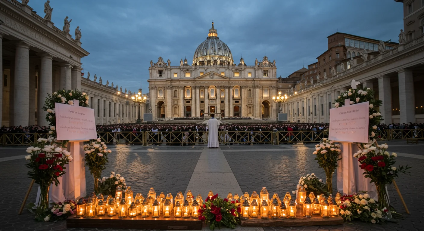 St. Peter's Basilica at dusk with faithful gathered in prayer marking one year since Pope Francis death