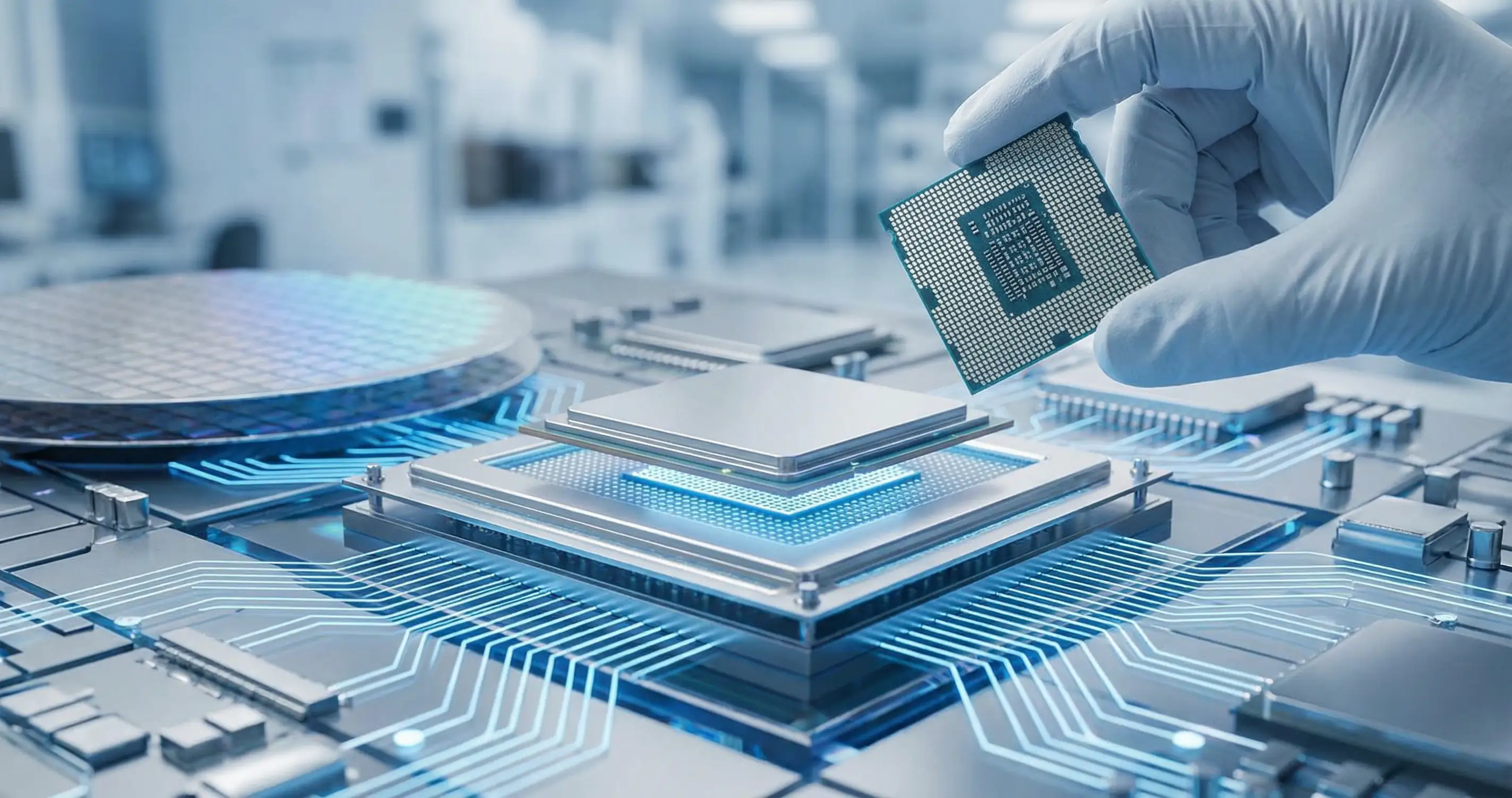 Semiconductor chips and circuit board with modern blue and silver tech aesthetic