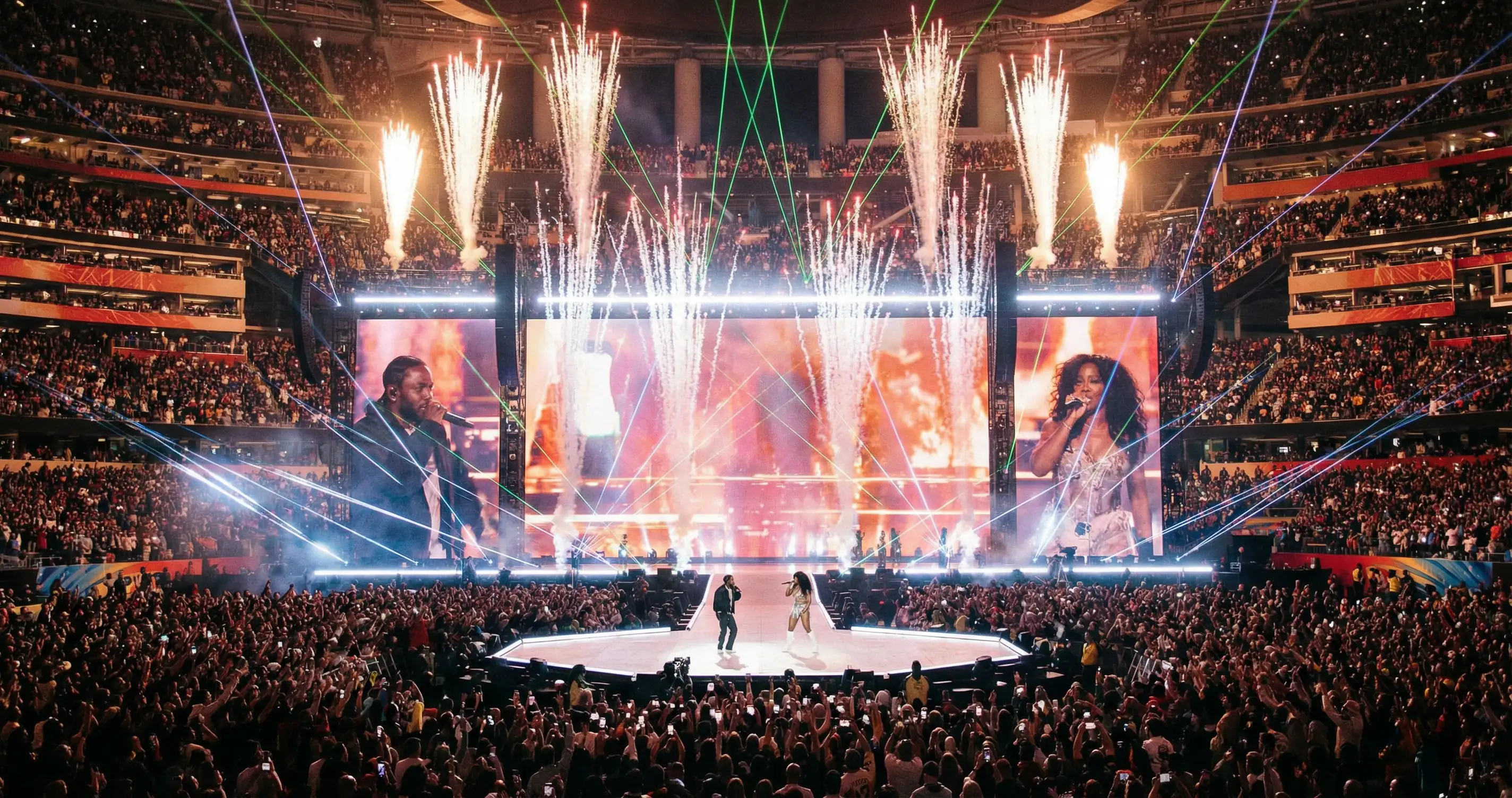 Super Bowl halftime stage with concert lights and crowd, entertainment editorial