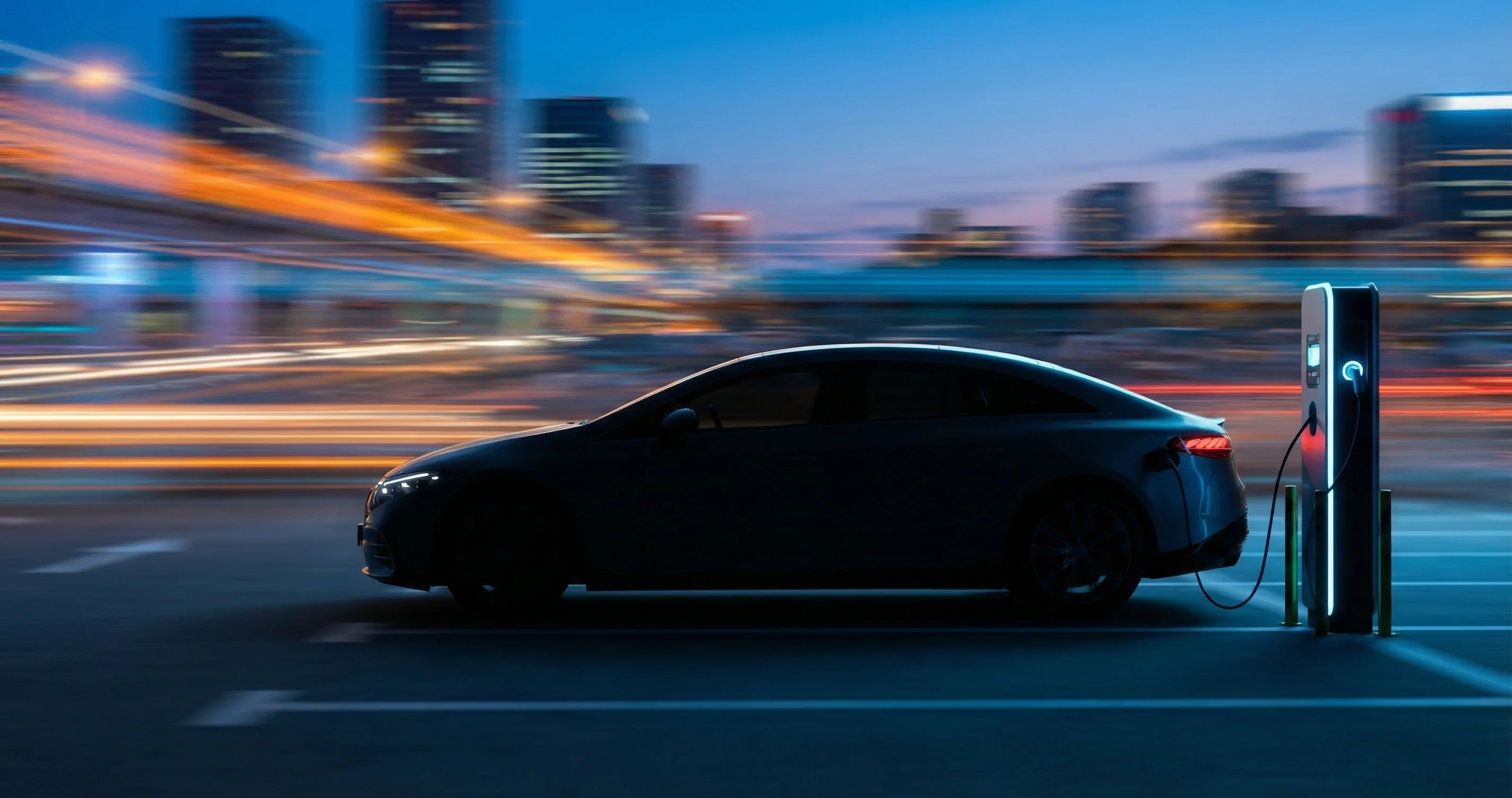 Tesla electric vehicle at dusk with modern automotive mood