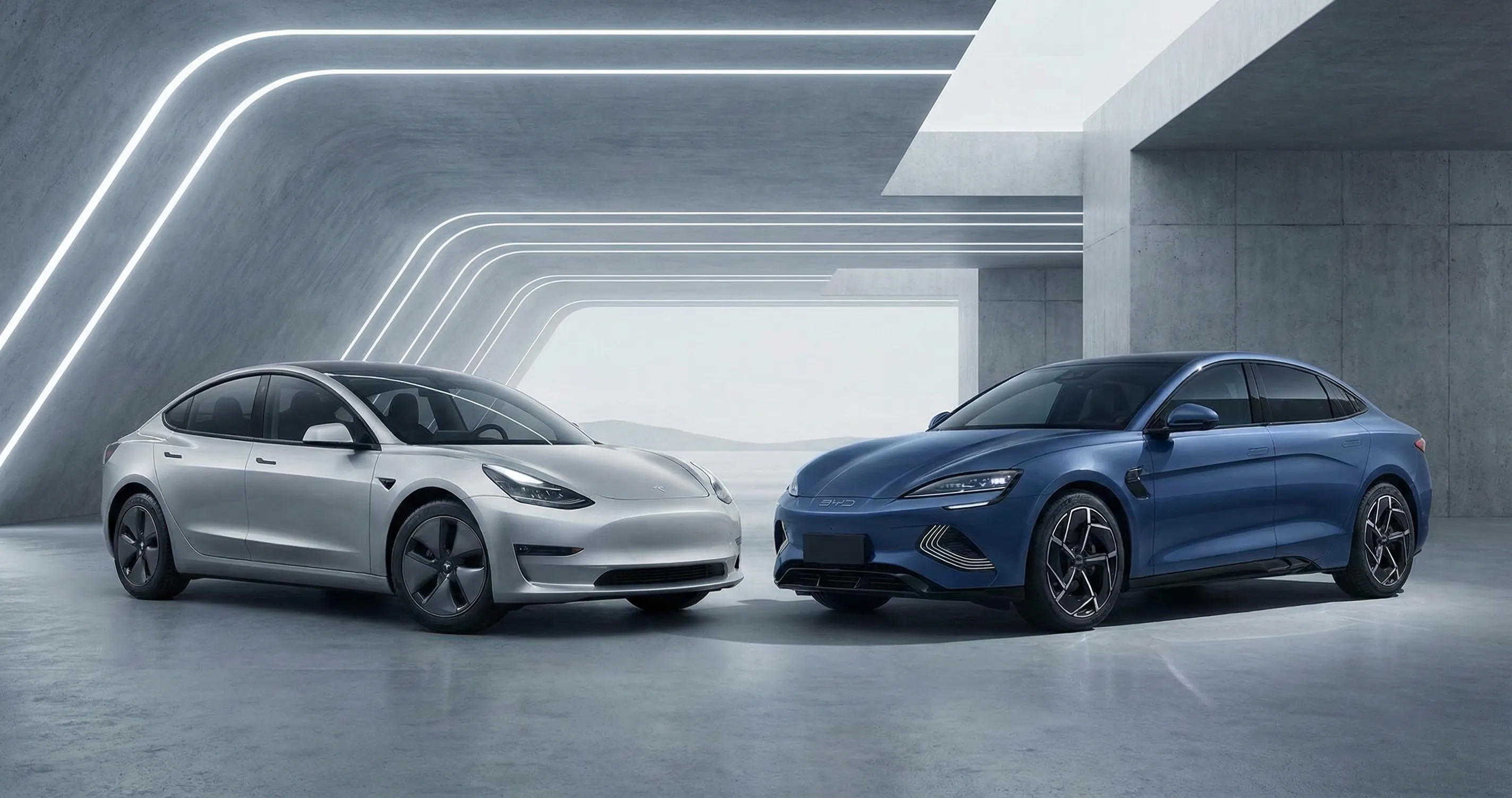 Tesla and BYD electric vehicles in a modern automotive comparison shot