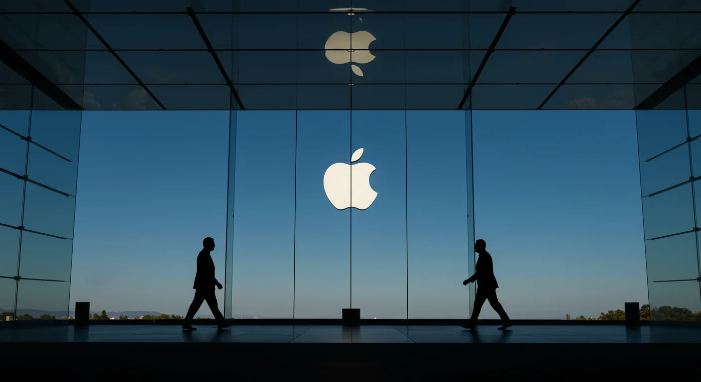 Apple headquarters building with executive silhouettes representing CEO leadership transition from Tim Cook to John Ternus in 2026