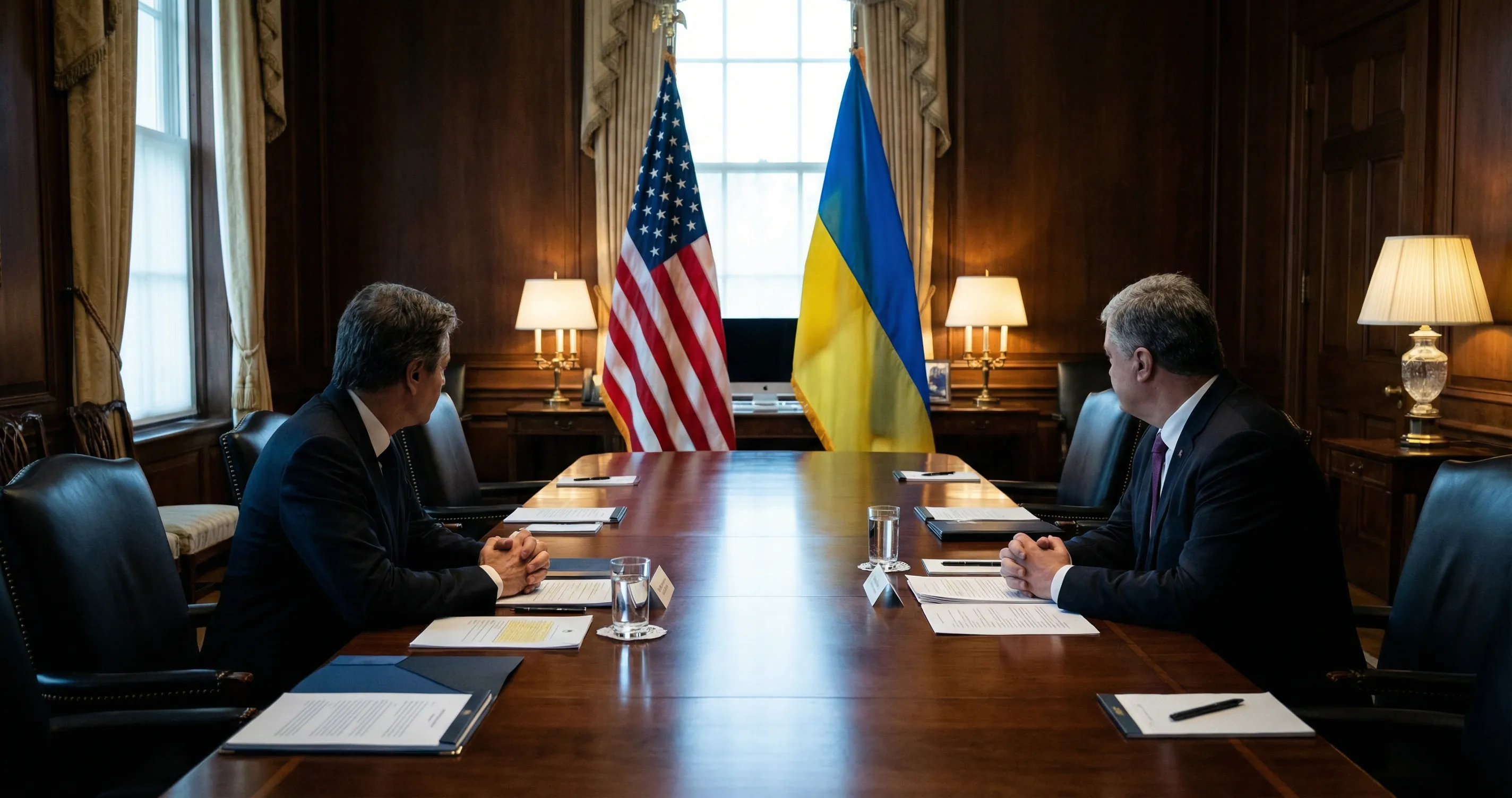 Oval Office with US and Ukraine flags, formal meeting setting